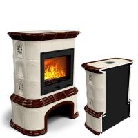 КимрПечь Печь камин длительного горения с изразцами Прованс с дровником пристенный Шоколад (топка: Ладья-600)